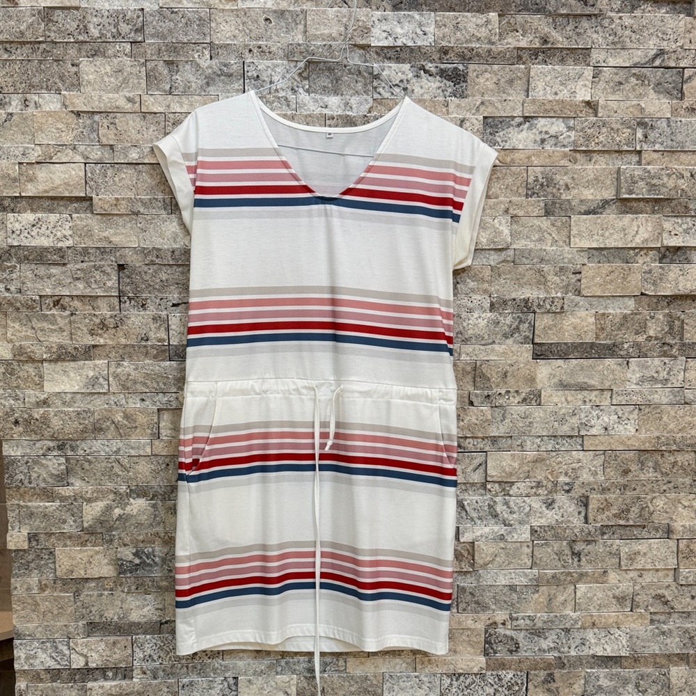 Striped V-Neck Dress with Drawstring Waist